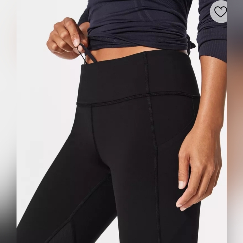 LULULEMON Crops Leggings 4 Run Inspire II Pocket Solid Black Mesh Panel
